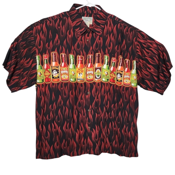 Big Dogs All Over Flames w/ Hot Sauce Shirt Hawaiian Camp - Men's XL - Picture 1 of 4